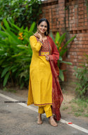 Handloom Cotton Kurti With Pant And Hand Block Printed Dupatta-ISKWSU1108VC3481