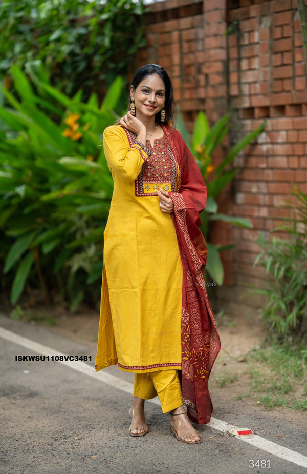 Handloom Cotton Kurti With Pant And Hand Block Printed Dupatta-ISKWSU1108VC3481