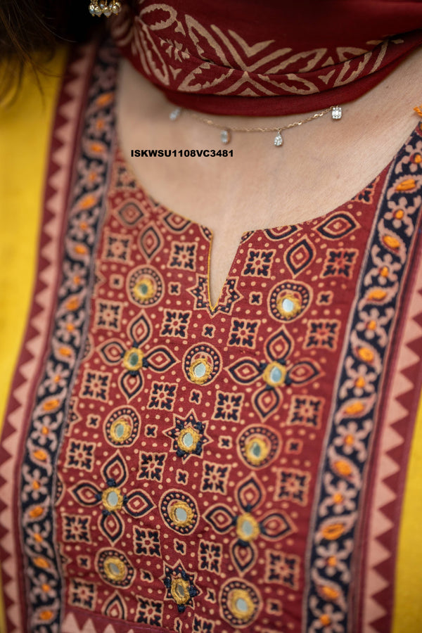 Handloom Cotton Kurti With Pant And Hand Block Printed Dupatta-ISKWSU1108VC3481