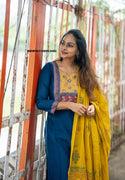 Handloom Cotton Kurti With Pant And Hand Block Printed Dupatta-ISKWSU1108VC3482