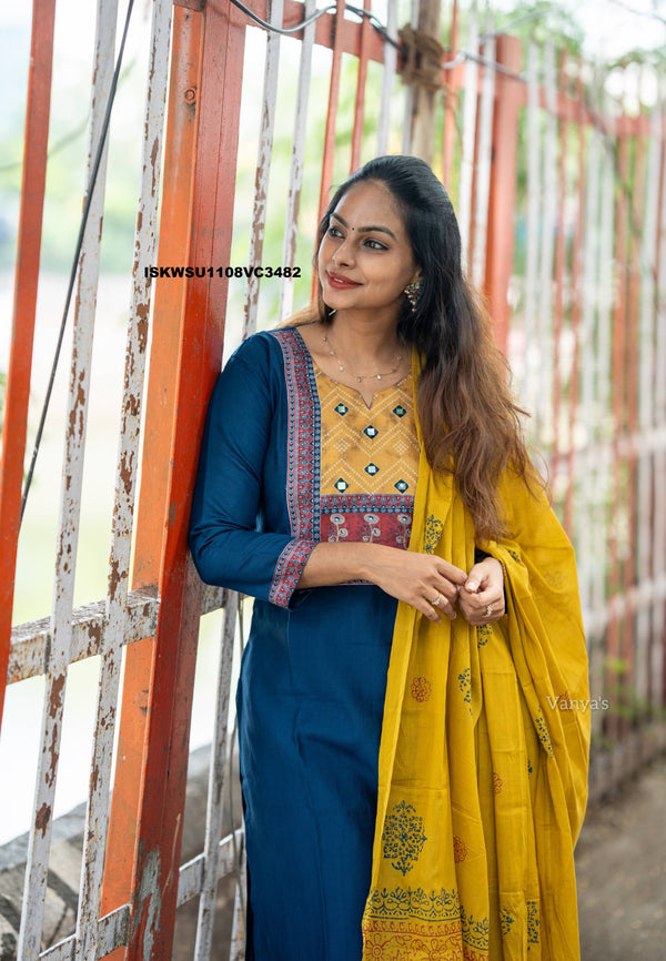 Handloom Cotton Kurti With Pant And Hand Block Printed Dupatta-ISKWSU1108VC3482