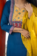 Handloom Cotton Kurti With Pant And Hand Block Printed Dupatta-ISKWSU1108VC3482