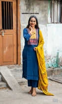 Handloom Cotton Kurti With Pant And Hand Block Printed Dupatta-ISKWSU1108VC3482