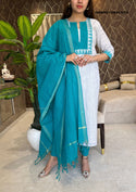 Handloom Cotton Kurti With Pant And Dupatta-ISKWSU1108VC3479