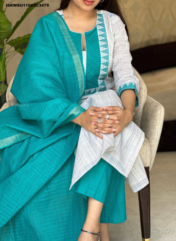 Handloom Cotton Kurti With Pant And Dupatta-ISKWSU1108VC3479