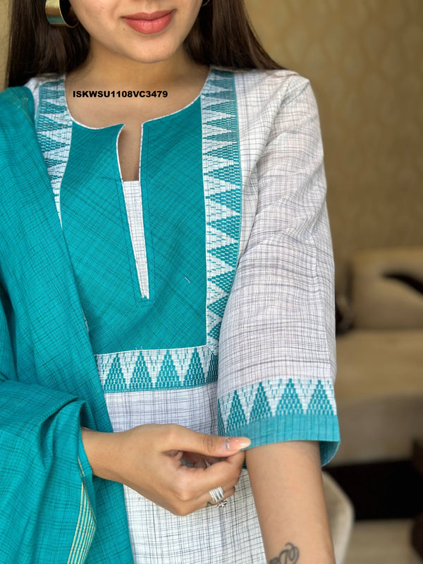 Handloom Cotton Kurti With Pant And Dupatta-ISKWSU1108VC3479
