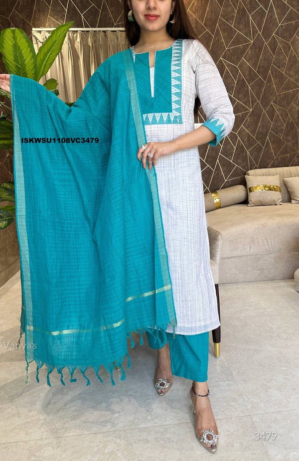 Handloom Cotton Kurti With Pant And Dupatta-ISKWSU1108VC3479