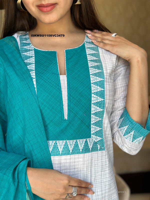 Handloom Cotton Kurti With Pant And Dupatta-ISKWSU1108VC3479