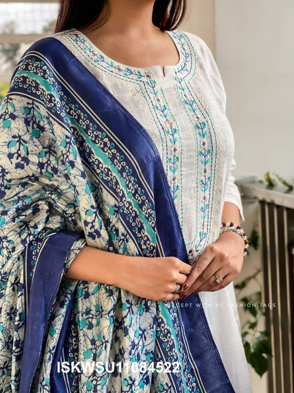 Embroidered Handloom Kurti With Pant And Khadi Silk Dupatta-ISKWSU11084522