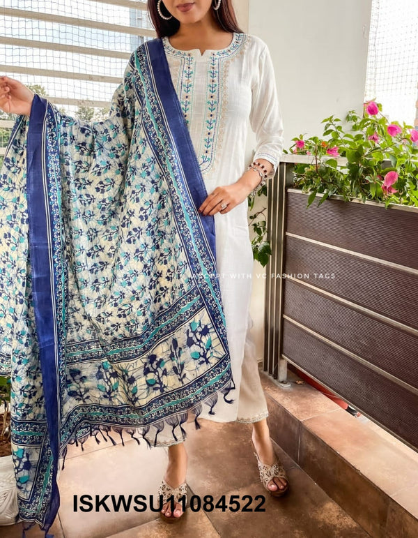 Embroidered Handloom Kurti With Pant And Khadi Silk Dupatta-ISKWSU11084522