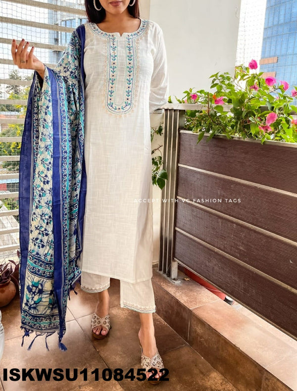 Embroidered Handloom Kurti With Pant And Khadi Silk Dupatta-ISKWSU11084522