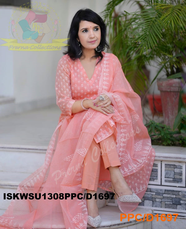 Hand Block Printed Kota Doriya Kurti With Cotton Pant And Block Printed Dupatta-ISKWSU1308PPC/D1697