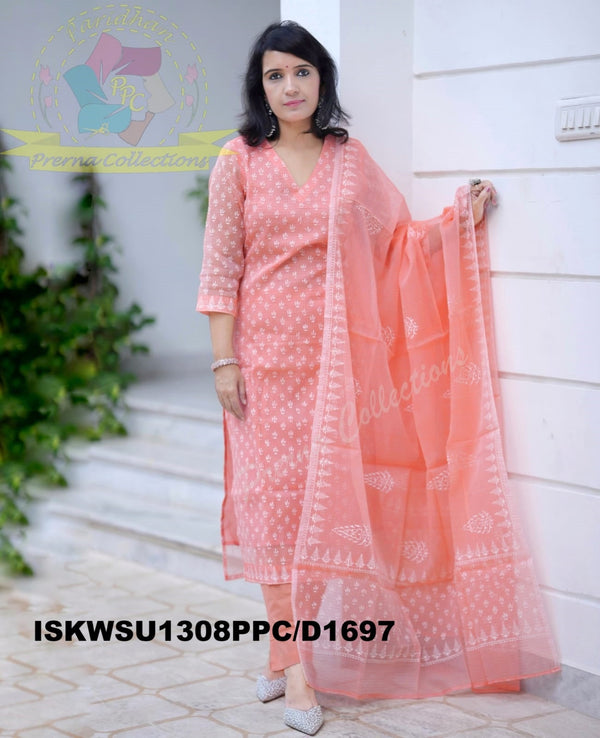Hand Block Printed Kota Doriya Kurti With Cotton Pant And Block Printed Dupatta-ISKWSU1308PPC/D1697