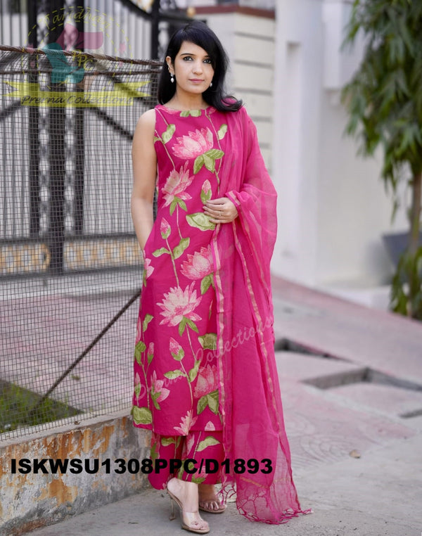 Pichwai Printed Cotton A-Line Kurti With Pant And Kota Doriya Dupatta-ISKWSU1308PPC/D1893
