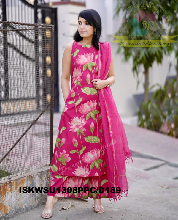 Pichwai Printed Cotton A-Line Kurti With Pant And Kota Doriya Dupatta-ISKWSU1308PPC/D1893