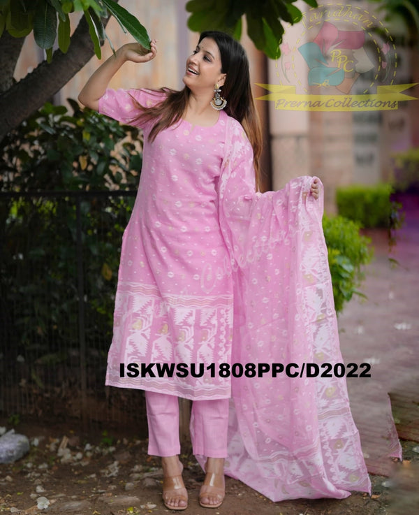 Hand Jamdani Weaved Cotton Kurti With Pant And Dupatta-ISKWSU1808PPC/D2022