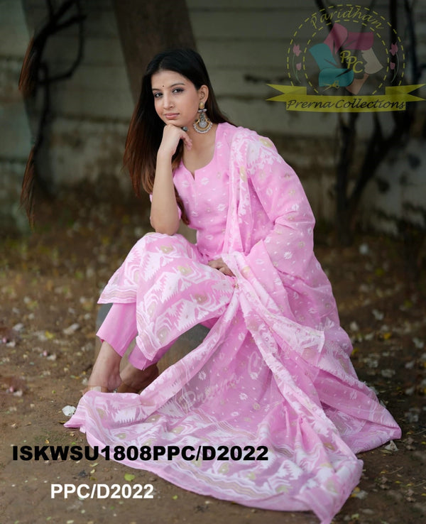 Hand Jamdani Weaved Cotton Kurti With Pant And Dupatta-ISKWSU1808PPC/D2022