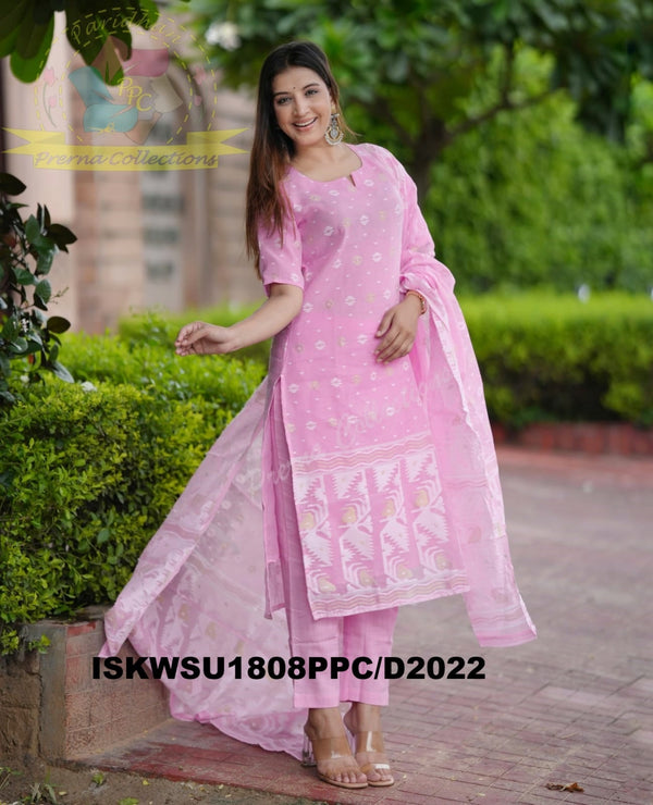 Hand Jamdani Weaved Cotton Kurti With Pant And Dupatta-ISKWSU1808PPC/D2022