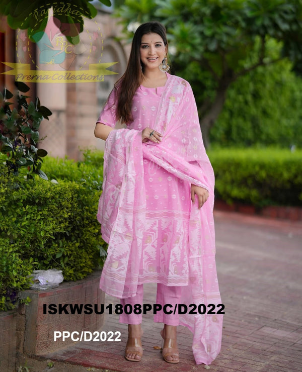 Hand Jamdani Weaved Cotton Kurti With Pant And Dupatta-ISKWSU1808PPC/D2022