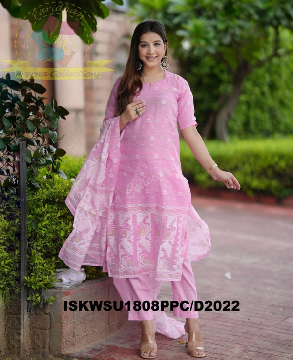 Hand Jamdani Weaved Cotton Kurti With Pant And Dupatta-ISKWSU1808PPC/D2022