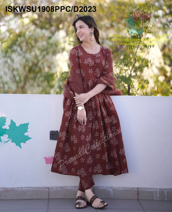 Bandhani Printed Cotton Anarkali Kurti With Pant And Kota Doriya Dupatta-ISKWSU1908PPC/D2023