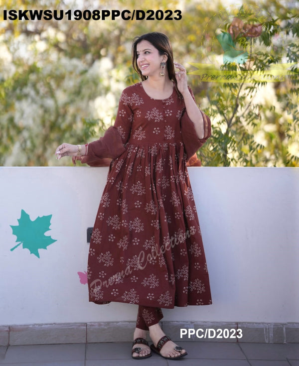 Bandhani Printed Cotton Anarkali Kurti With Pant And Kota Doriya Dupatta-ISKWSU1908PPC/D2023