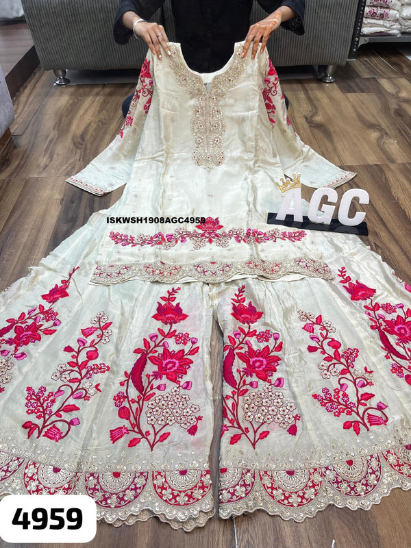 Embroidered Tissue Silk Kurti With Sharara And Dupatta-ISKWSH1908AGC4959