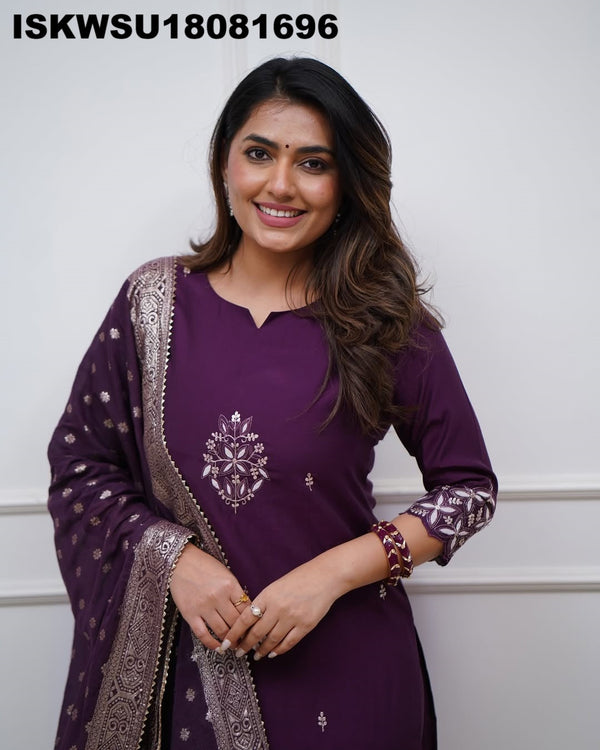 Embroidered Chanderi Kurti With Pant And Jacquard Dupatta-ISKWSU18081696