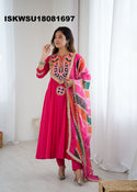Embroidered Cotton Anarkali Kurti With Pant And Printed Organza Dupatta-ISKWSU18081697