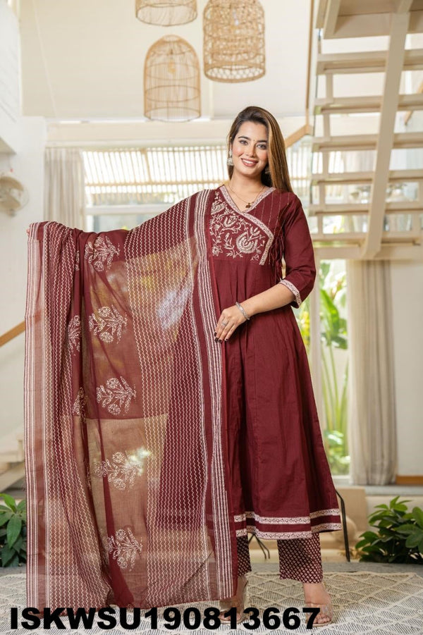 Embroidered Cotton Anarkali Kurti With Pant And Printed Dupatta-ISKWSU190813667