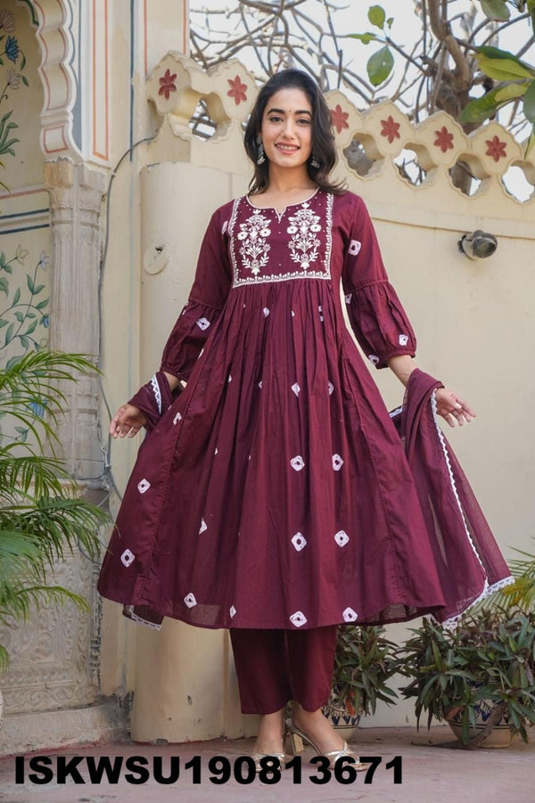 Bandhej Printed Cotton A-Line Kurti With Pant And Dupatta-ISKWSU190813671