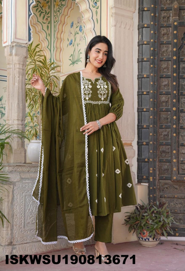 Bandhej Printed Cotton A-Line Kurti With Pant And Dupatta-ISKWSU190813671