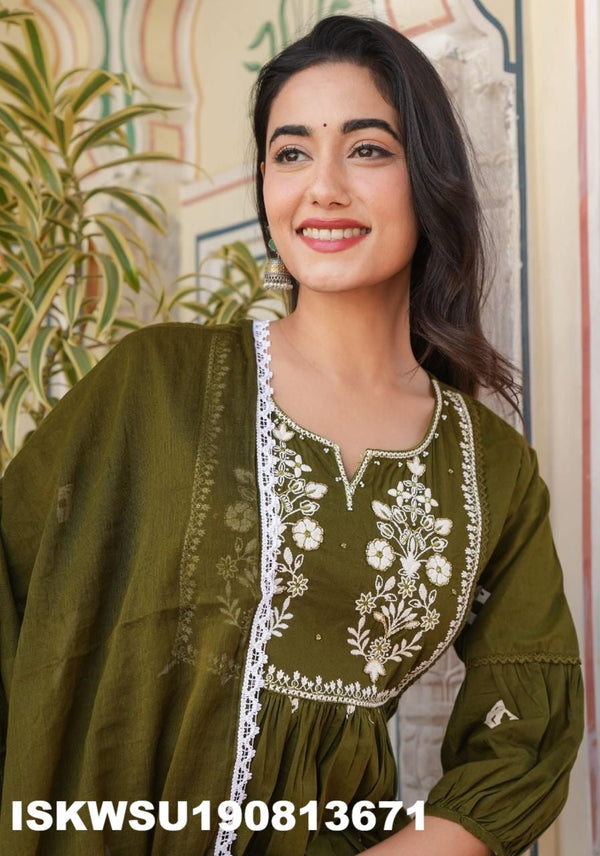 Bandhej Printed Cotton A-Line Kurti With Pant And Dupatta-ISKWSU190813671