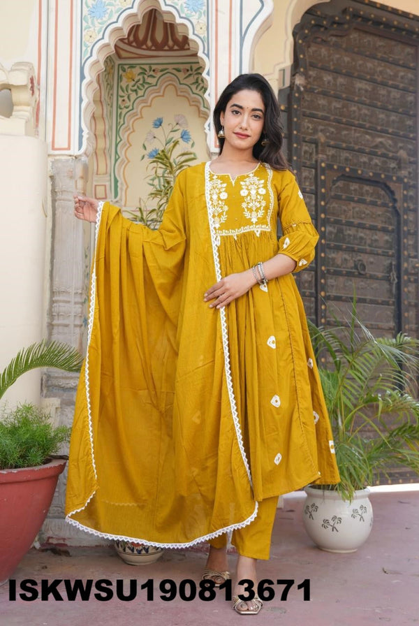 Bandhej Printed Cotton A-Line Kurti With Pant And Dupatta-ISKWSU190813671