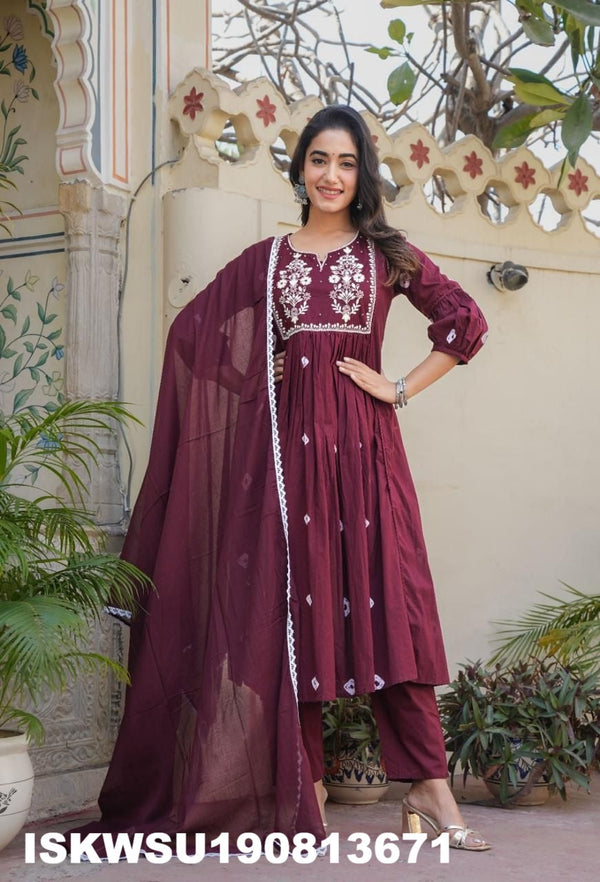 Bandhej Printed Cotton A-Line Kurti With Pant And Dupatta-ISKWSU190813671