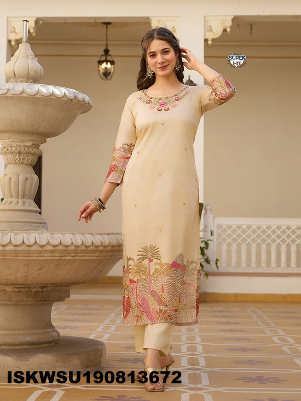 Printed Chanderi Silk Kurti With Pant And Dupatta-ISKWSU190813672