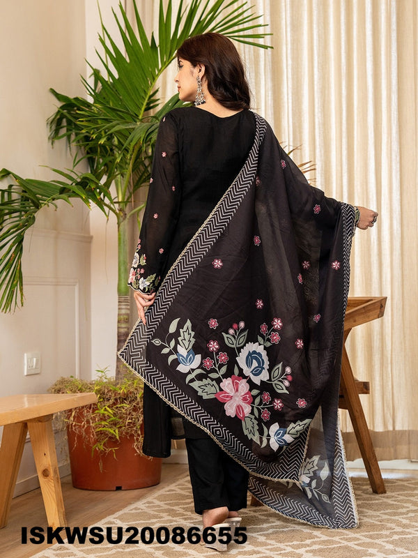Embroidered Chanderi Silk Kurti With Pant And Printed Dupatta-ISKWSU20086655
