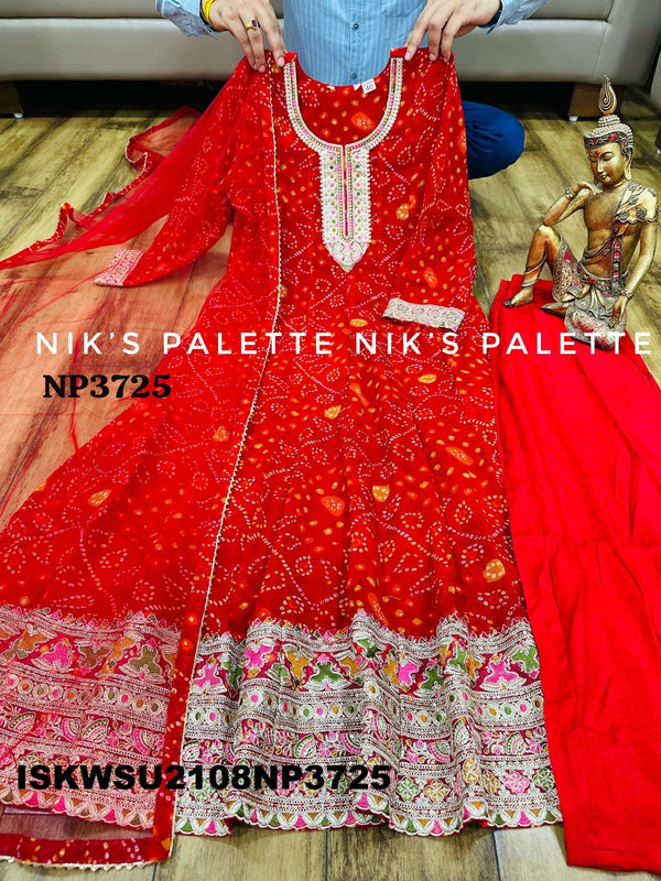 Bandhani Printed Georgette Anarkali Kurti With Pant And Net Dupatta-ISKWSU2108NP3725