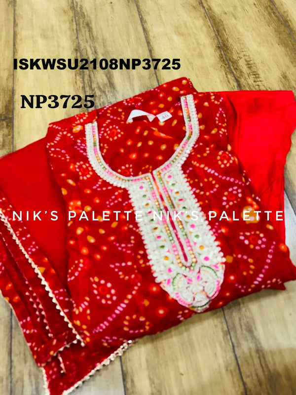 Bandhani Printed Georgette Anarkali Kurti With Pant And Net Dupatta-ISKWSU2108NP3725