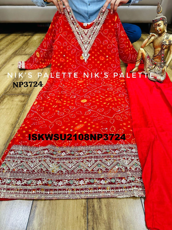 Bandhani Printed Georgette Kurti With Pant And Net Dupatta-ISKWSU2108NP3724