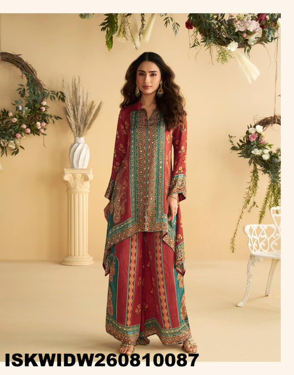 Digital Printed Crepe Silk Top With Palazzo-ISKWIDW260810087