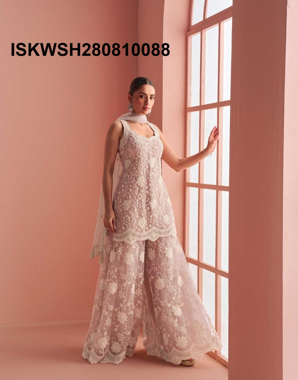 Embroidered Net Kurti With Sharara And Dupatta-ISKWSH280810088
