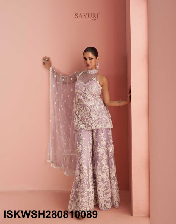 Embroidered Net Kurti With Sharara And Dupatta-ISKWSH280810089