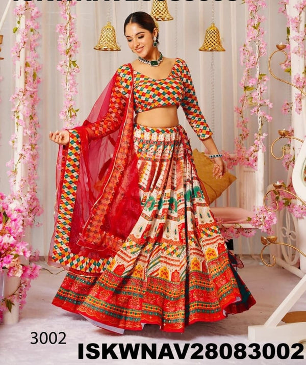 Digital Printed Silk Lehenga With Blouse And Organza Dupatta-ISKWNAV28083002