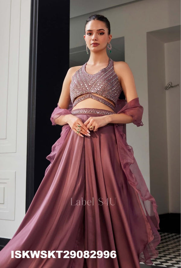 Silk Skirt With Embroidered Crop Top And Ruffle Dupatta-ISKWSKT29082996