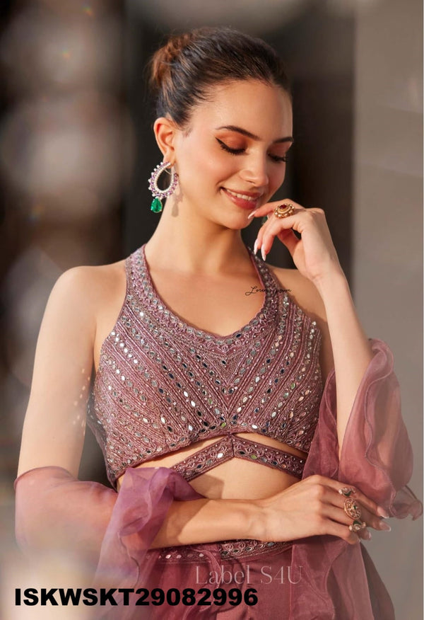 Silk Skirt With Embroidered Crop Top And Ruffle Dupatta-ISKWSKT29082996