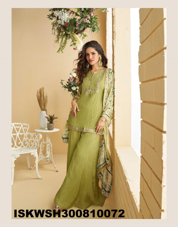 Embroidered Chinon Silk Kurti With Sharara And Printed Dupatta-ISKWSH300810072