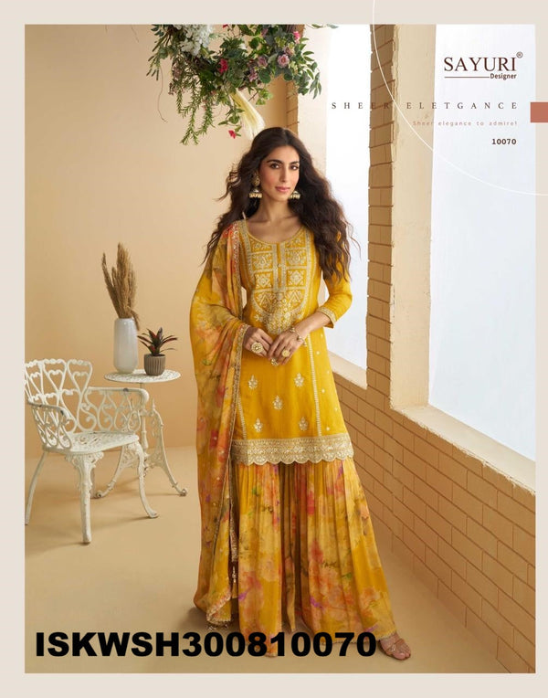 Embroidered Chinon Silk Kurti With Printed Sharara And Dupatta-ISKWSH300810070