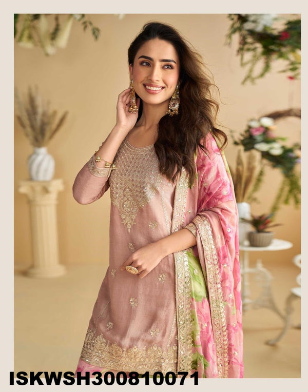 Embroidered Chinon Silk Kurti With Printed Sharara And Dupatta-ISKWSH300810071