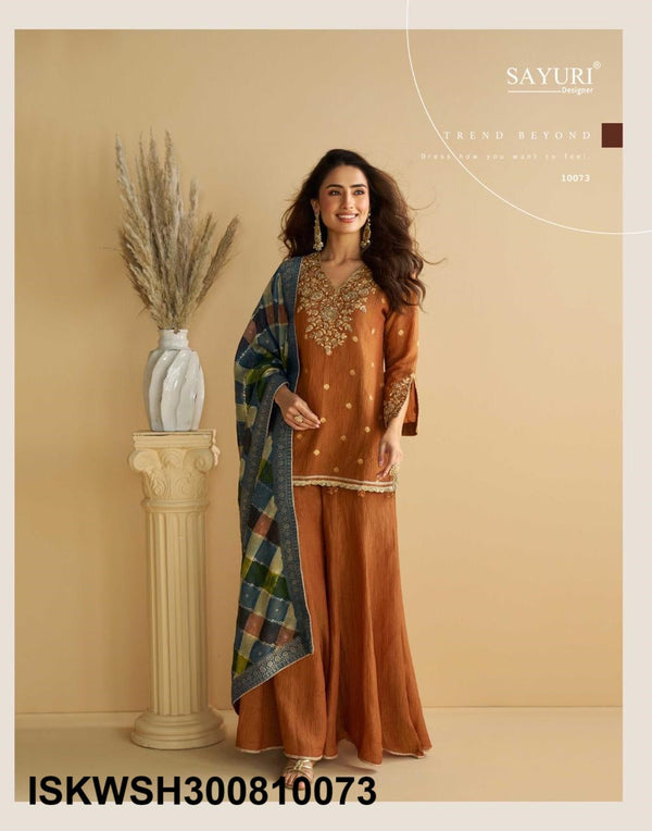 Embroidered Chinon Silk Kurti With Sharara And Printed Dupatta-ISKWSH300810073